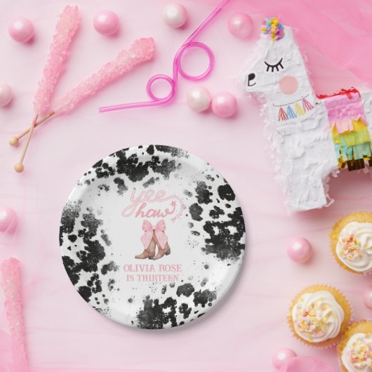 Roze Bow & Cowgirl Laarzen Coquette Western Verjaa Papieren Bordje (Feest)