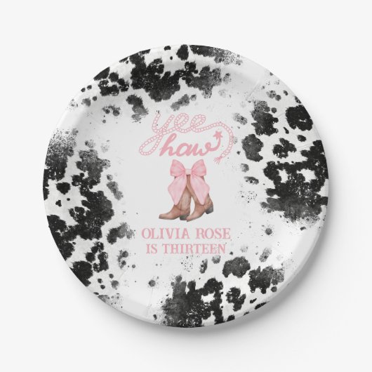 Roze Bow & Cowgirl Laarzen Coquette Western Verjaa Papieren Bordje (Voorkant)