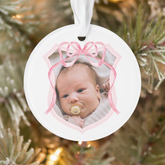 Roze Bow Crest doopsel foto Ornament (Boom)