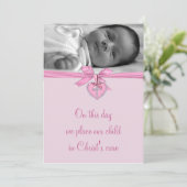 Roze Bow Cross Baby Meisje Foto Doop Kaart (Staand voorkant)