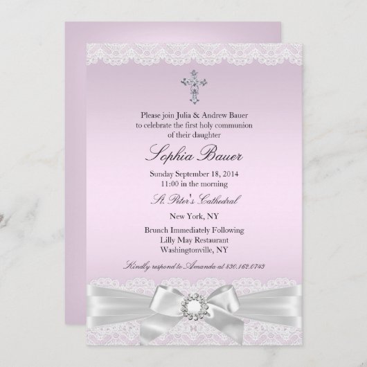 Roze  Bow & de Heilige Communie Kaart (Voorkant / Achterkant)