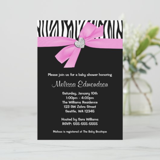 Roze Bow Diamond Hart Zebra Baby shower Kaart (Staand voorkant)