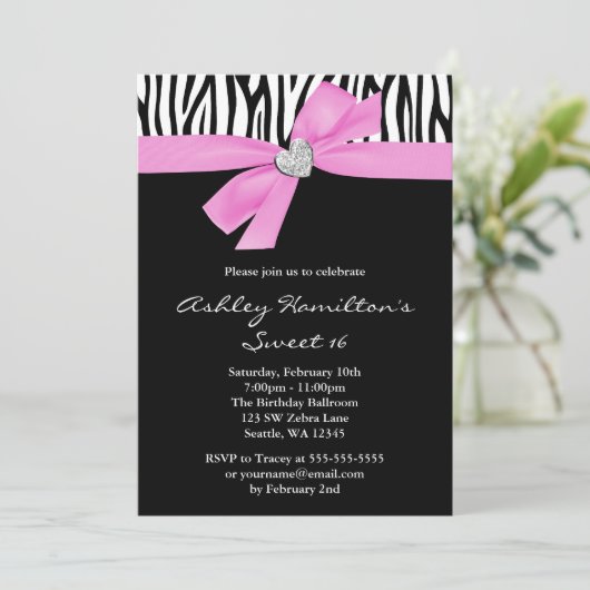 Roze Bow Diamond Heart Zebra Sweet 16 Kaart (Staand voorkant)