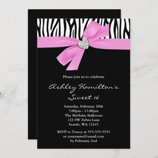 Roze Bow Diamond Heart Zebra Sweet 16 Kaart (Voorkant / Achterkant)
