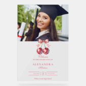 Roze Bow Disco Ball Graduation Party Acryl Bord (Voorkant)