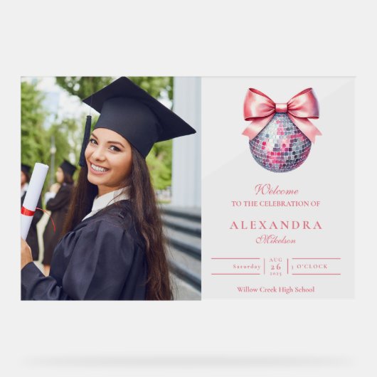 Roze Bow Disco Ball Graduation Party Acryl Bord (Voorkant)