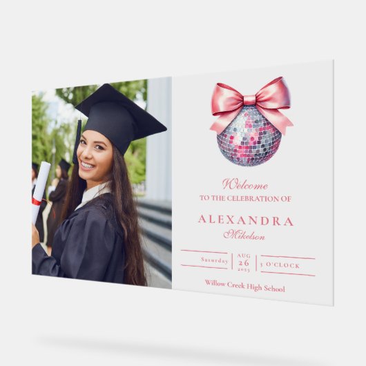 Roze Bow Disco Ball Graduation Party Acryl Bord (Hoek)