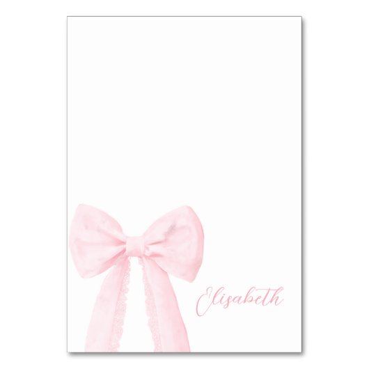 Roze Bow Doop Tafel Naam Kaart (Voorkant)