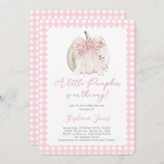Roze Bow Een kleine pompoen Baby shower meisje Kaart (Voorkant / Achterkant)