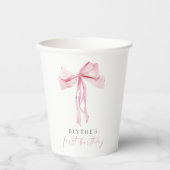 Roze Bow Eerste Verjaardag Papieren Beker Meisje C (Voorkant)