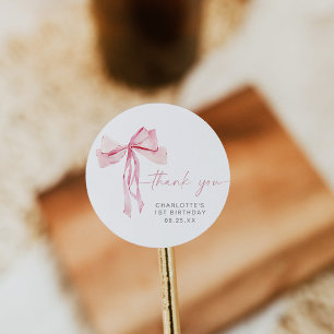 Roze Bow Eerste Verjaardag Ronde Sticker Blush Rib