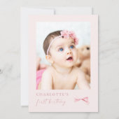 Roze Bow Eerste Verjaardag Uitnodiging Foto Coquet (Achterkant)