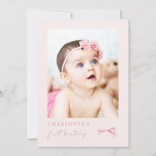 Roze Bow Eerste Verjaardag Uitnodiging Foto Coquet (Achterkant)
