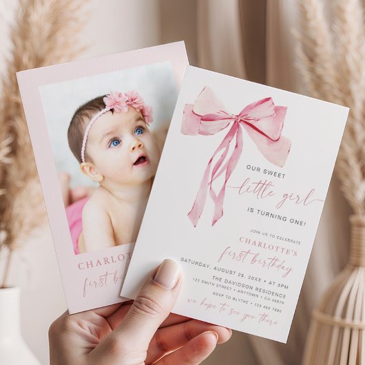 Roze Bow Eerste Verjaardag Uitnodiging Foto Coquet