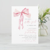 Roze Bow Eerste verjaardag Uitnodiging Meisje Coqu (Staand voorkant)