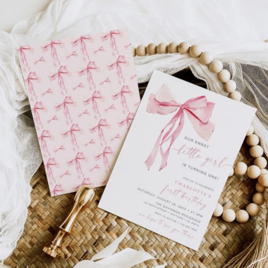 Roze Bow Eerste verjaardag Uitnodiging Meisje Coqu