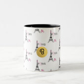 Roze Bow Eiffel Tower Paris Frankrijk Podle Chic Tweekleurige Koffiemok (Center)
