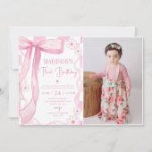 Roze Bow Elegant 3e verjaardag foto Kaart (Voorkant)