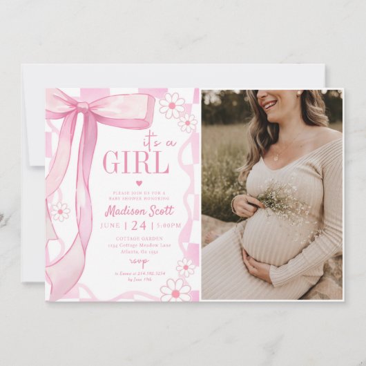 Roze Bow Elegant Baby shower Foto Kaart (Voorkant)