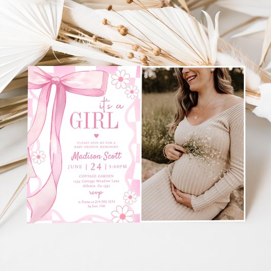 Roze Bow Elegant Baby shower Foto Kaart