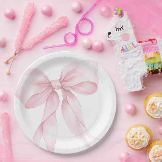 Roze Bow Elegant Blush Roze Baby shower Papieren Bordje (Feest)