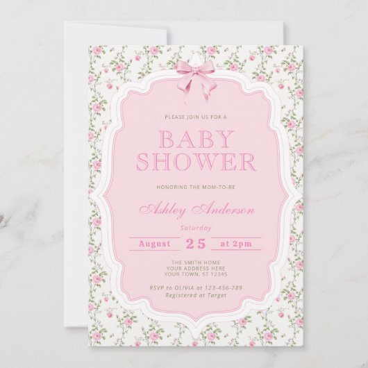 Roze Bow Elegant Meisje Baby shower QR Code Kaart (Voorkant)