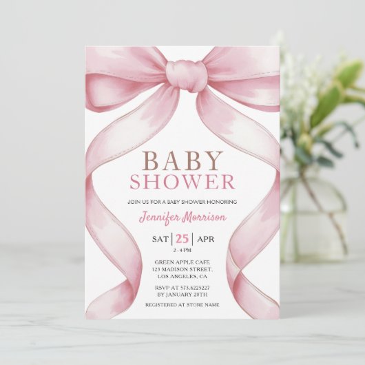 Roze Bow Elegant Meisje Baby shower Uitnodiging (Staand voorkant)