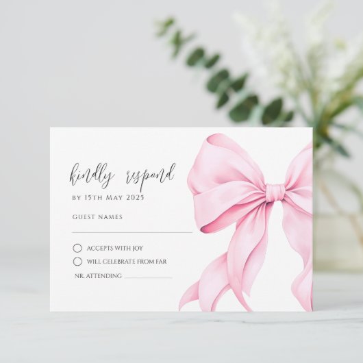 Roze Bow Elegant RSVP Response Kaart (Staand voorkant)