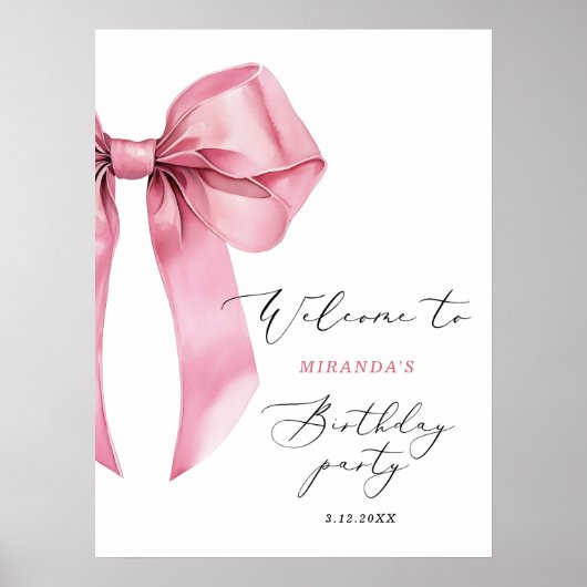 Roze Bow Elegante Meisjes Verjaardag Welkom Poster (Voorkant)
