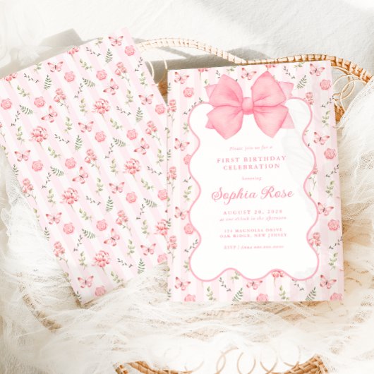  Roze Bow Elegante Rozen Verjaardagsuitnodiging Kaart