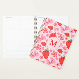 Roze Bow en Aardbei Coquette Patroon Monogram Planner