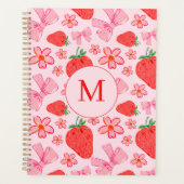 Roze Bow en Aardbei Coquette Patroon Monogram Planner (Voorkant)