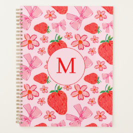 Roze Bow en Aardbei Coquette Patroon Monogram Planner