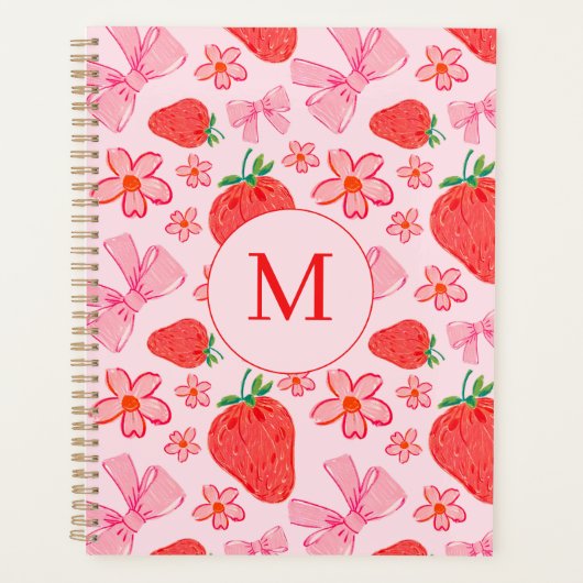 Roze Bow en Aardbei Coquette Patroon Monogram Planner (Voorkant)