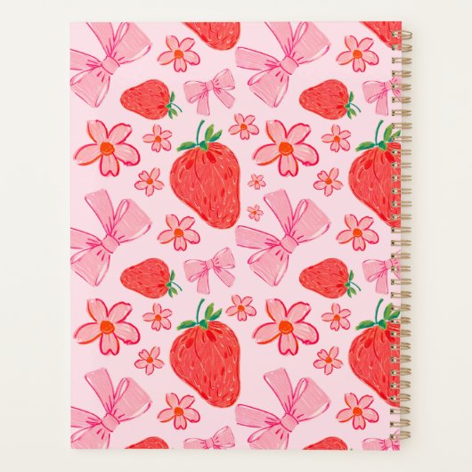 Roze Bow en Aardbei Coquette Patroon Monogram Planner (Achterkant)