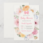 Roze Bow en Bloemen Baby shower Meisje Kaart (Voorkant / Achterkant)