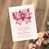 Roze Bow en  bloemenuitnodiging voor Baby shower Kaart