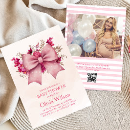 Roze Bow en bloemenuitnodiging voor Baby shower Kaart