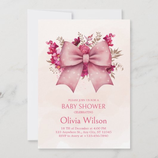 Roze Bow en  bloemenuitnodiging voor Baby shower Kaart (Voorkant)