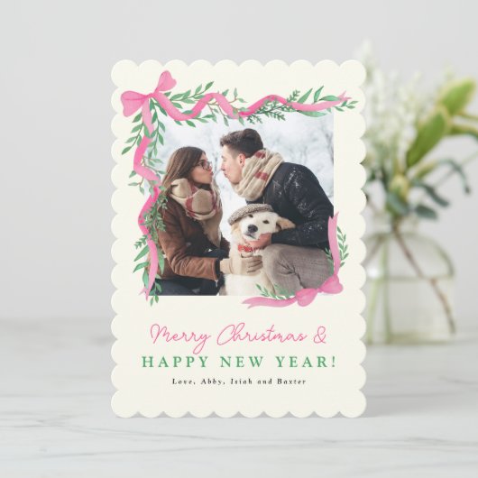 Roze Bow en groen vakantie fotokaart Feestdagenkaart (Staand voorkant)