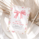 Roze Bow en Rozen Coquette 1e verjaardag Kaart<br><div class="desc">Coquette Eerste verjaardag met roze strik met parel en roze rozen.</div>