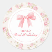 Roze Bow en Rozen Coquette 1e verjaardag Ronde Sticker (Voorkant)