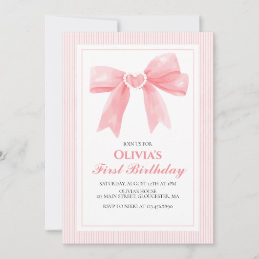 Roze Bow en Stripes Coquette 1e verjaardag Kaart (Voorkant)