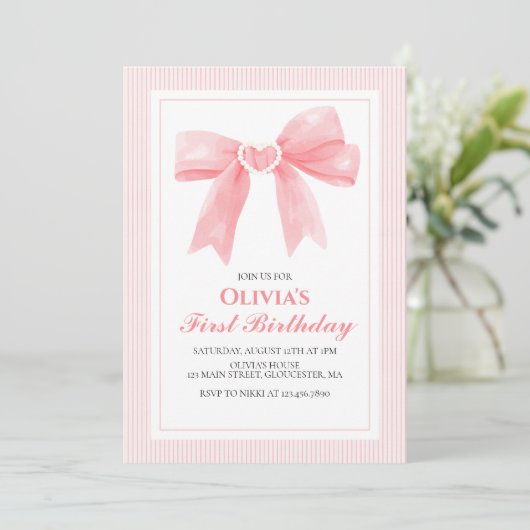 Roze Bow en Stripes Coquette 1e verjaardag Kaart (Staand voorkant)