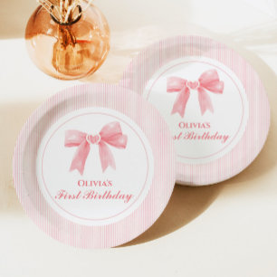 Roze Bow en Stripes Coquette 1e verjaardag Papieren Bordje