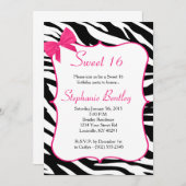 Roze Bow en Zebra Sweet 16 uitnodiging van 16 sept (Voorkant / Achterkant)