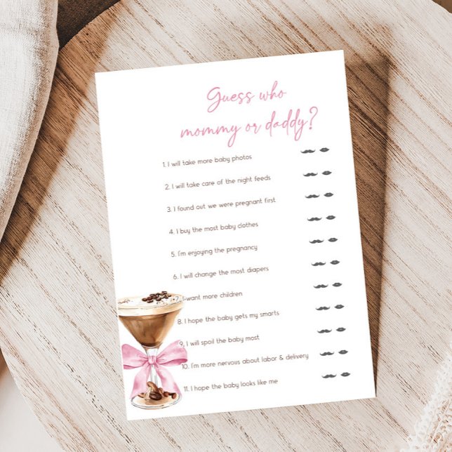 Roze Bow Espresso Martini Shower Raad Wie Game (Espresso Baby Shower Game)