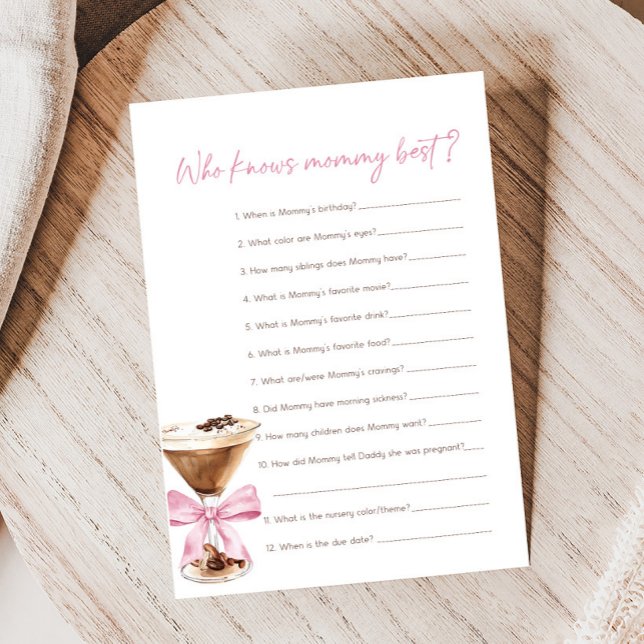 Roze Bow Espresso Martini Shower Wie Weet Spel (Espresso Baby Shower Game)