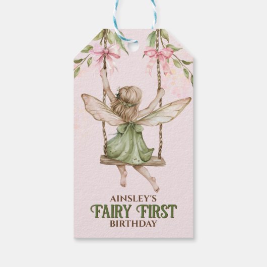 Roze Bow Fairy Eerste 1e verjaardag gepersonalisee Cadeaulabel (Achterkant)