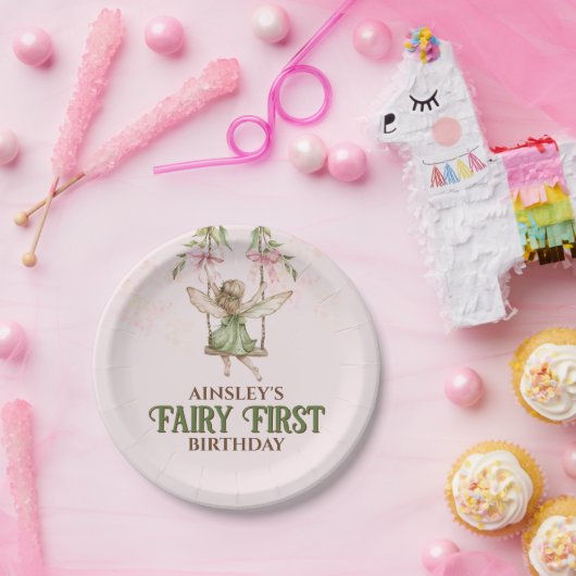 Roze Bow Fairy Eerste 1e verjaardag gepersonalisee Papieren Bordje (Feest)